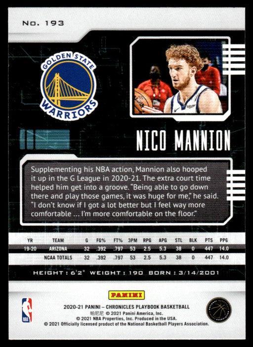 Nico Mannion 2020 Panini Chronicles Basketball Green Playbook Back of Card