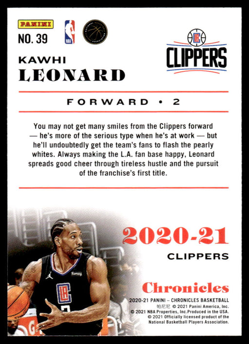 Kawhi Leonard 2020 Panini Chronicles Basketball Chronicles Back of Card