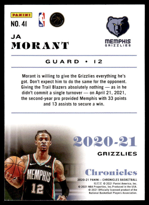 Ja Morant 2020 Panini Chronicles Basketball Chronicles Back of Card