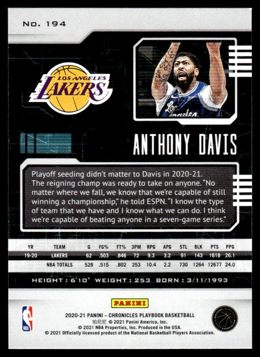 Anthony Davis 2020 Panini Chronicles Basketball Green Playbook Back of Card