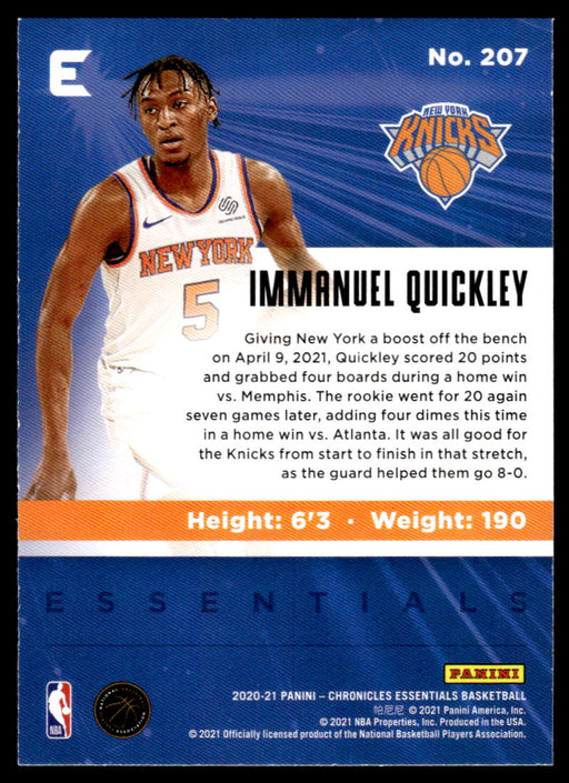 Immanuel Quickley 2020 Panini Chronicles Basketball Green Essentials Back of Card