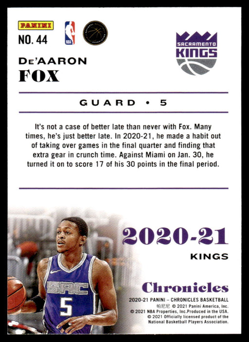 De'Aaron Fox 2020 Panini Chronicles Basketball Chronicles Back of Card