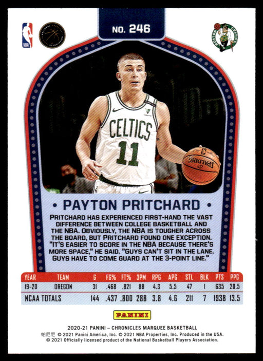 Payton Pritchard 2020 Panini Chronicles Basketball Green Marquee Back of Card