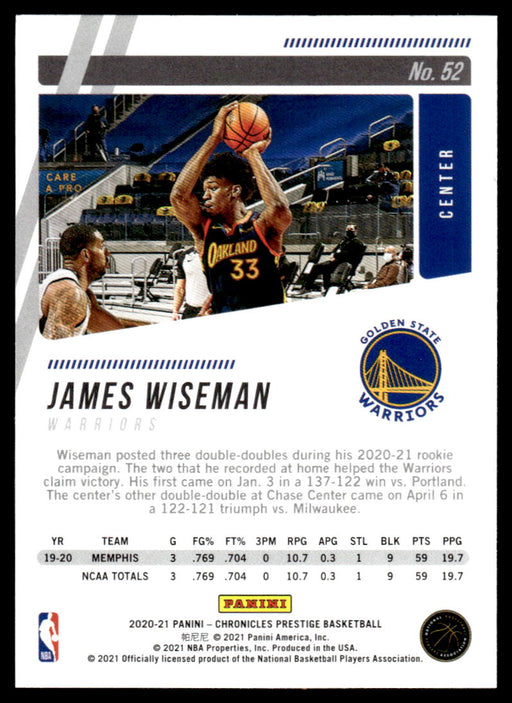 James Wiseman 2020 Panini Chronicles Basketball Prestige Back of Card