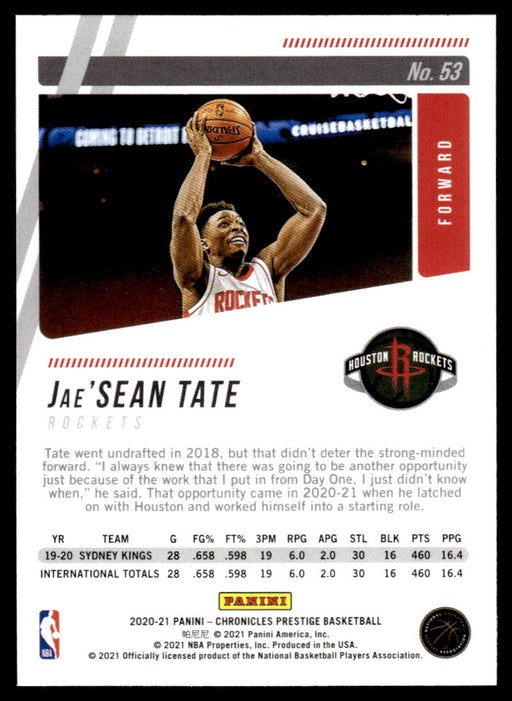 Jae'Sean Tate 2020 Panini Chronicles Basketball Prestige Back of Card