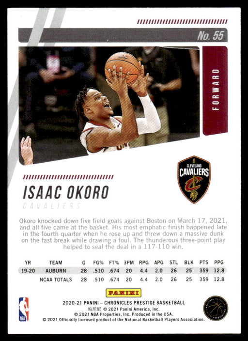 Isaac Okoro 2020 Panini Chronicles Basketball Prestige Back of Card