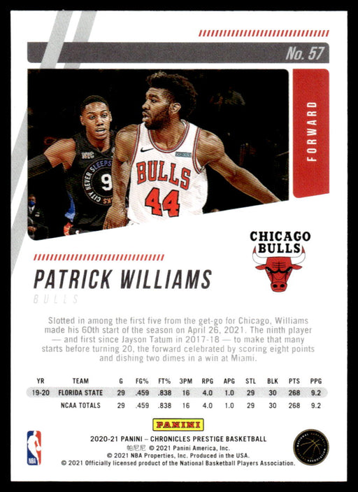 Patrick Williams 2020 Panini Chronicles Basketball Prestige Back of Card
