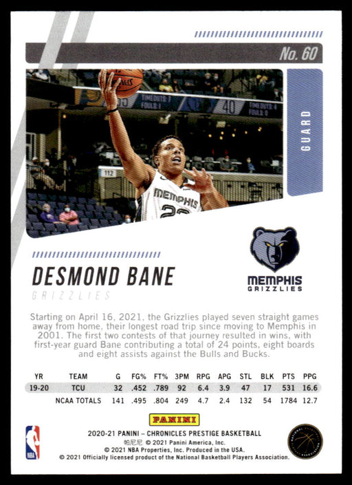 Desmond Bane 2020 Panini Chronicles Basketball Prestige Back of Card