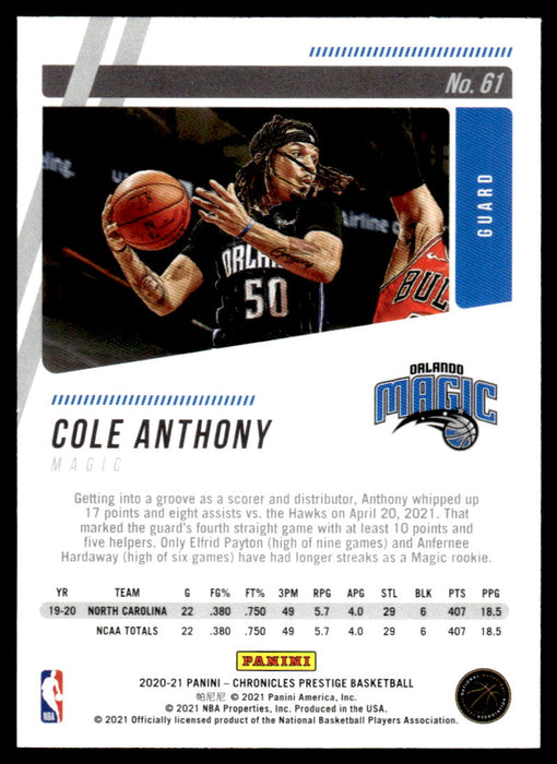 Cole Anthony 2020 Panini Chronicles Basketball Prestige Back of Card