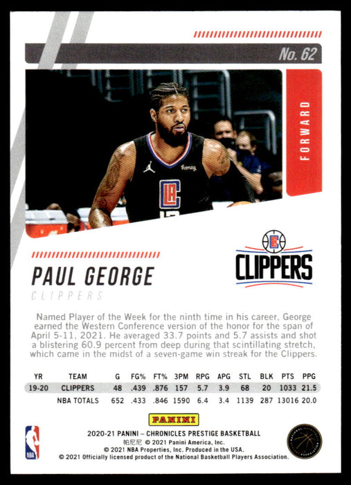 Paul George 2020 Panini Chronicles Basketball Prestige Back of Card