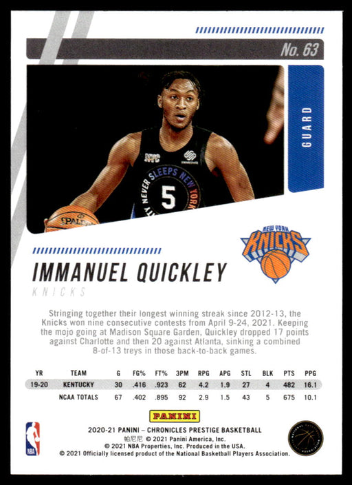 Immanuel Quickley 2020 Panini Chronicles Basketball Prestige Back of Card