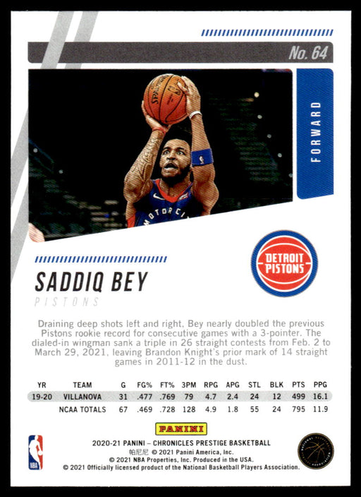 Saddiq Bey 2020 Panini Chronicles Basketball Prestige Back of Card