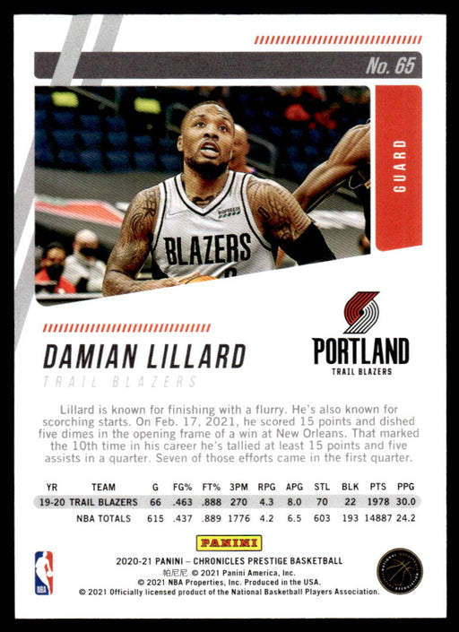 Damian Lillard 2020 Panini Chronicles Basketball Prestige Back of Card