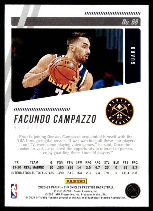 Facundo Campazzo 2020 Panini Chronicles Basketball Prestige Back of Card