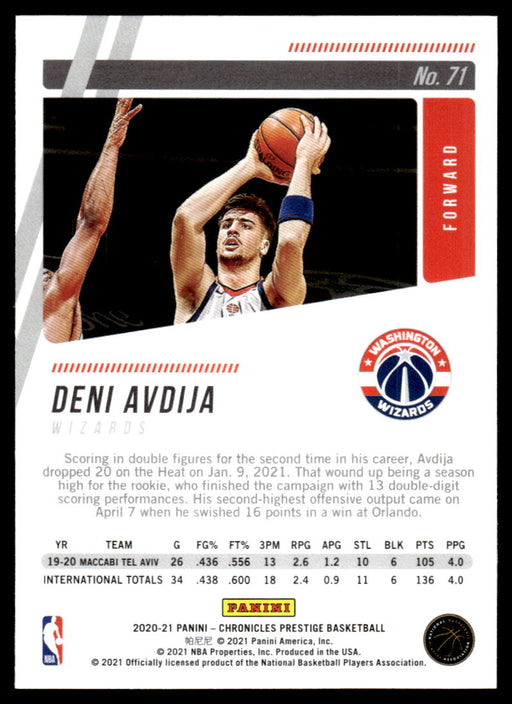 Deni Avdija 2020 Panini Chronicles Basketball Prestige Back of Card