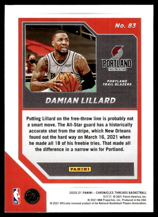 Damian Lillard 2020 Panini Chronicles Basketball Threads Back of Card