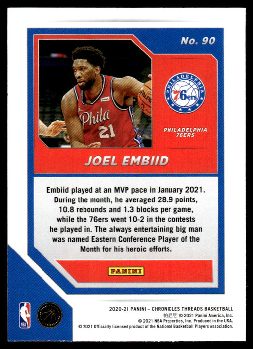 Joel Embiid 2020 Panini Chronicles Basketball Threads Back of Card