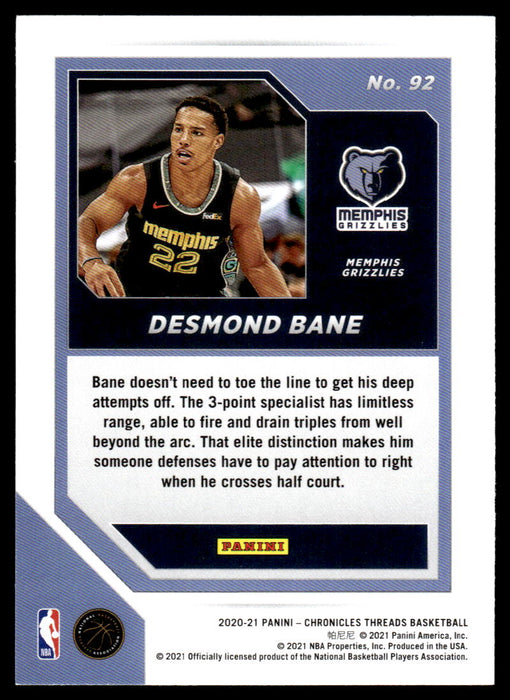 Desmond Bane 2020 Panini Chronicles Basketball Threads Back of Card