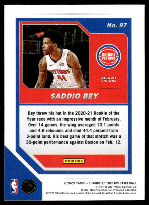 Saddiq Bey 2020 Panini Chronicles Basketball Threads Back of Card