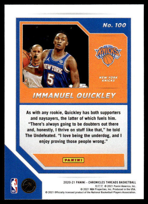 Immanuel Quickley 2020 Panini Chronicles Basketball Threads Back of Card