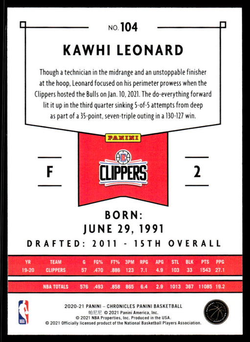 Kawhi Leonard 2020 Panini Chronicles Basketball Panini Back of Card