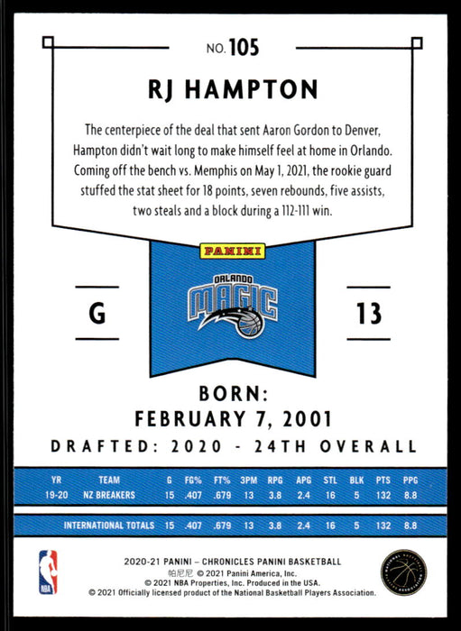 RJ Hampton 2020 Panini Chronicles Basketball Panini Back of Card