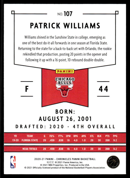 Patrick Williams 2020 Panini Chronicles Basketball Panini Back of Card