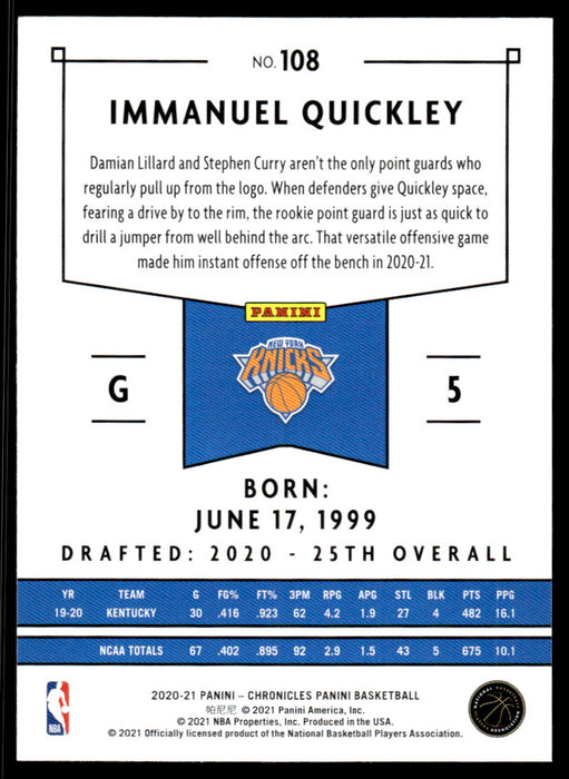 Immanuel Quickley 2020 Panini Chronicles Basketball Panini Back of Card