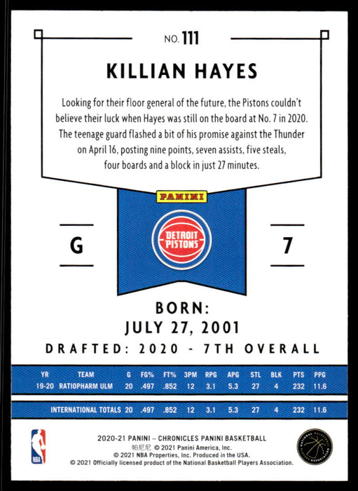 Killian Hayes 2020 Panini Chronicles Basketball Panini Back of Card