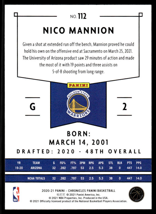 Nico Mannion 2020 Panini Chronicles Basketball Panini Back of Card