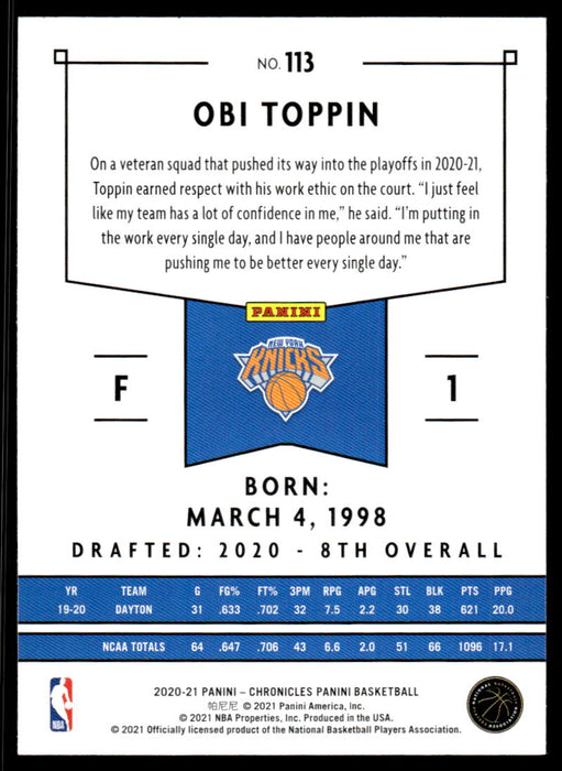 Obi Toppin 2020 Panini Chronicles Basketball Panini Back of Card