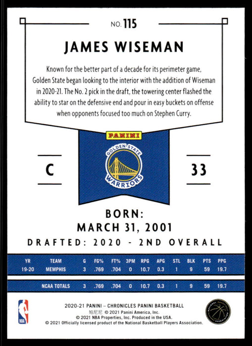 James Wiseman 2020 Panini Chronicles Basketball Panini Back of Card