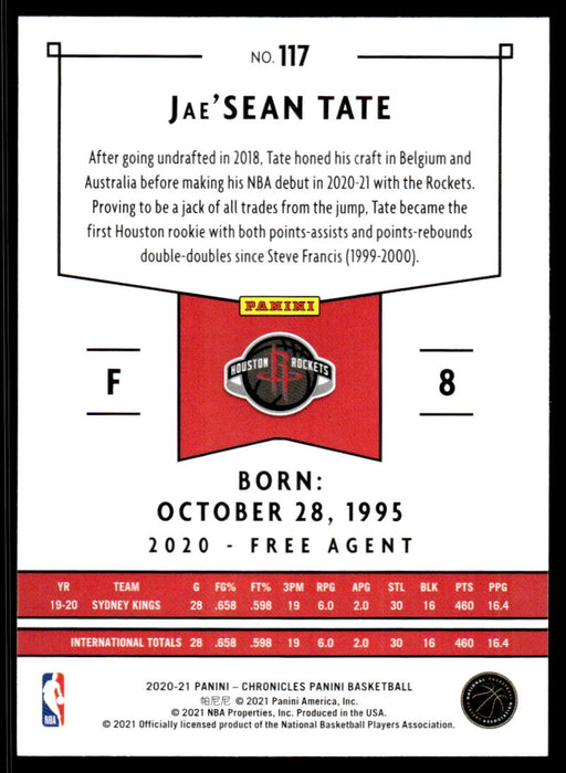 Jae'Sean Tate 2020 Panini Chronicles Basketball Panini Back of Card