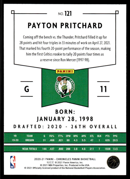 Payton Pritchard 2020 Panini Chronicles Basketball Panini Back of Card