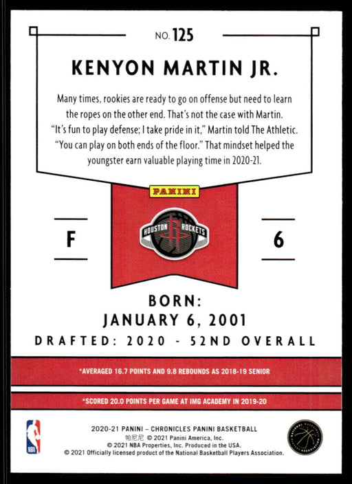 Kenyon Martin Jr. 2020 Panini Chronicles Basketball Panini Back of Card