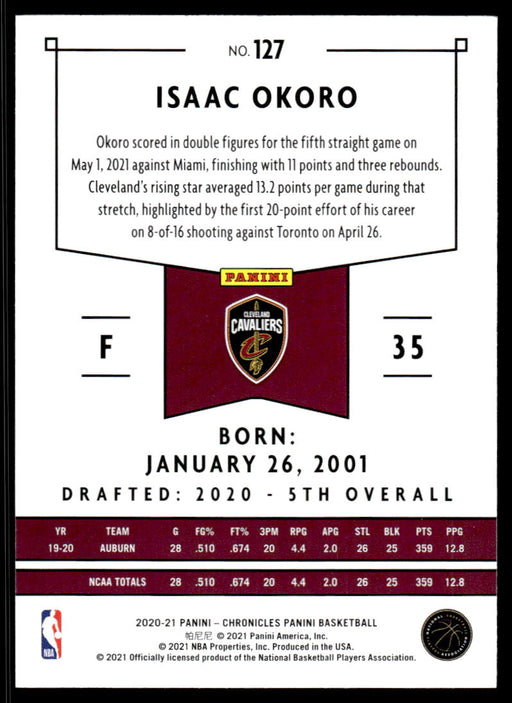 Isaac Okoro 2020 Panini Chronicles Basketball Panini Back of Card