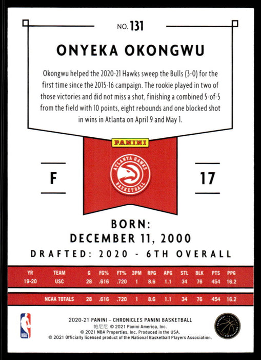 Onyeka Okongwu 2020 Panini Chronicles Basketball Panini Back of Card