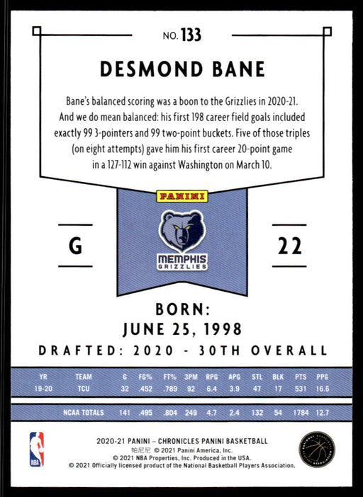 Desmond Bane 2020 Panini Chronicles Basketball Panini Back of Card