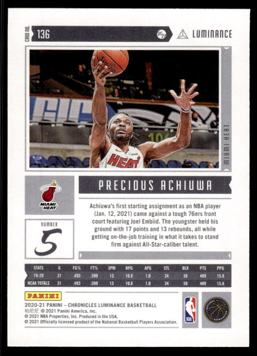 Precious Achiuwa 2020 Panini Chronicles Basketball Luminance Back of Card