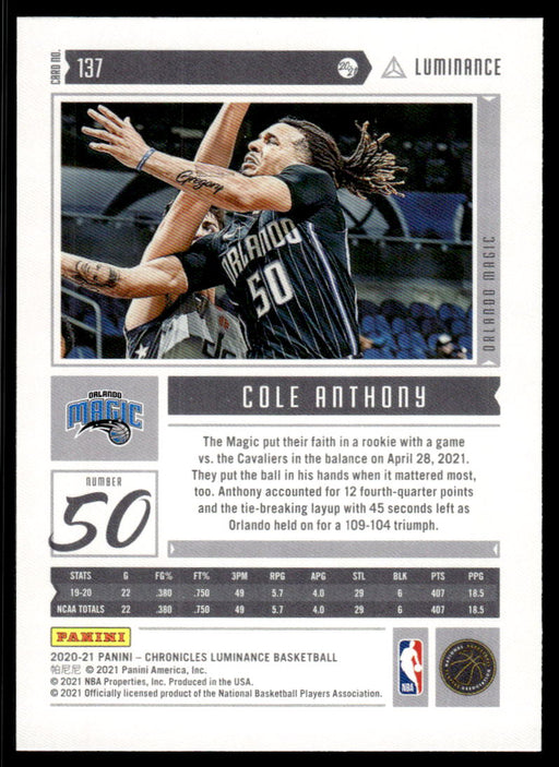 Cole Anthony 2020 Panini Chronicles Basketball Luminance Back of Card