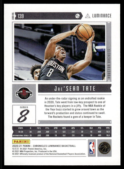 Jae'Sean Tate 2020 Panini Chronicles Basketball Luminance Back of Card