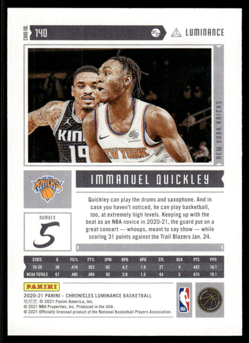 Immanuel Quickley 2020 Panini Chronicles Basketball Luminance Back of Card