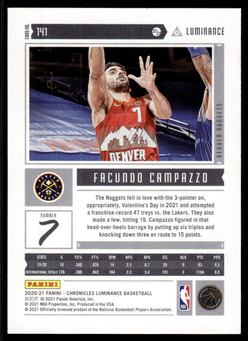 Facundo Campazzo 2020 Panini Chronicles Basketball Luminance Back of Card