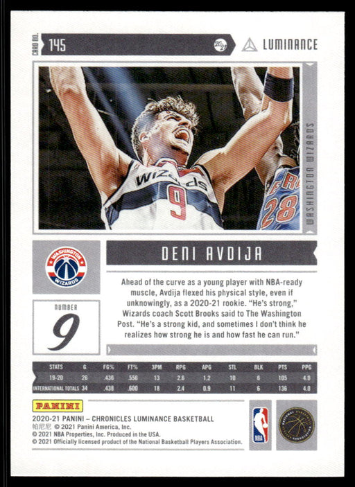 Deni Avdija 2020 Panini Chronicles Basketball Luminance Back of Card