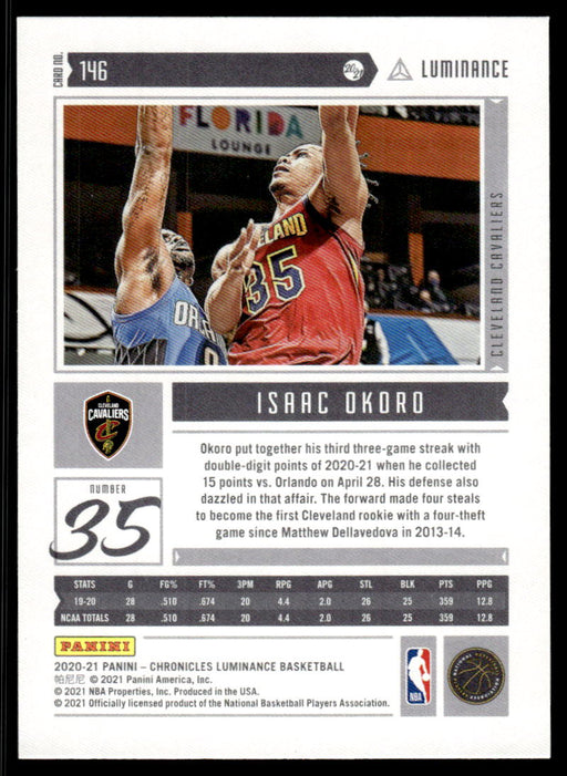 Isaac Okoro 2020 Panini Chronicles Basketball Luminance Back of Card