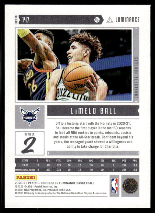 LaMelo Ball 2020 Panini Chronicles Basketball Luminance Back of Card