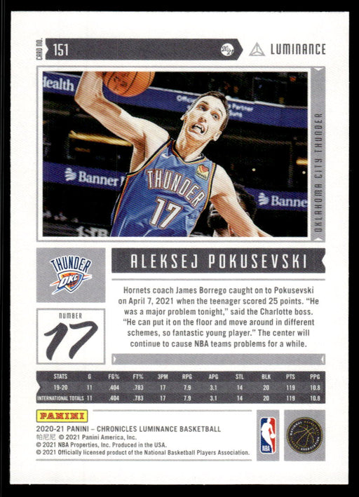 Aleksej Pokusevski 2020 Panini Chronicles Basketball Luminance Back of Card