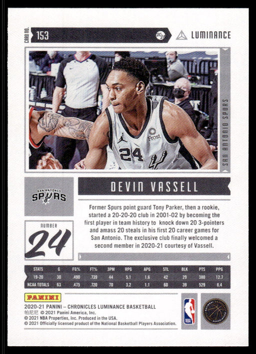 Devin Vassell 2020 Panini Chronicles Basketball Luminance Back of Card