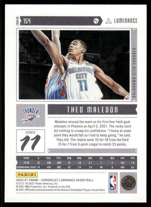 Theo Maledon 2020 Panini Chronicles Basketball Luminance Back of Card