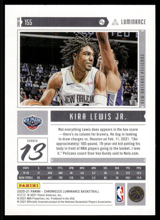 Kira Lewis Jr. 2020 Panini Chronicles Basketball Luminance Back of Card